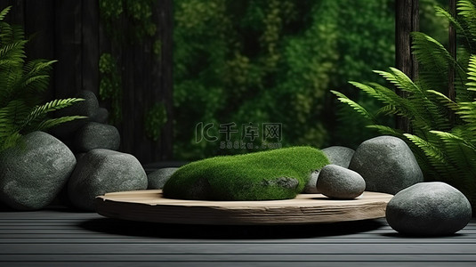 在绿色环境中设置的木材和石头的自然启发 3D 渲染
