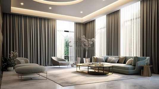 高端豪华背景图片_现代风格的豪华公寓配有高端家具和 3D 渲染的宽大窗帘