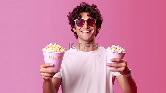 戴着爆米花和 3D 眼镜的快乐家伙在粉红色背景前显示“ok”标志
