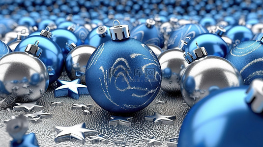 节日 3D 渲染蓝色和银色圣诞装饰品，配有星树礼品盒和装饰品
