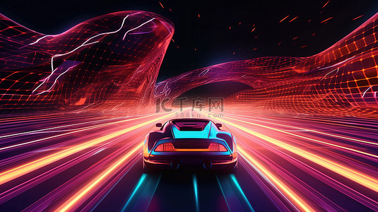 汽车主背景背景图片_带有逆波振动 3D 渲染的未来汽车中的霓虹灯抽象太空航行