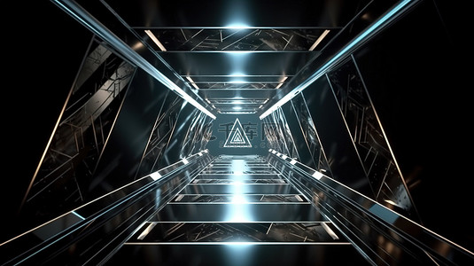 led动画背景图片_科幻 vfx 飞过一个旋转的三角形金属隧道 3d 渲染未来空间运动背景的动画