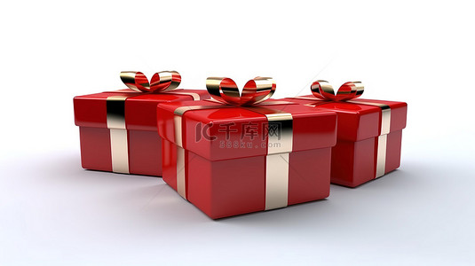 空白画布上的猩红色礼品盒三部曲，以 3D 技术精心渲染
