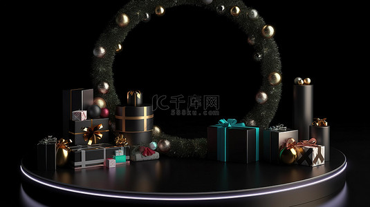 黑色背景装饰着围绕 3D 空置讲台或舞台的圣诞节日元素