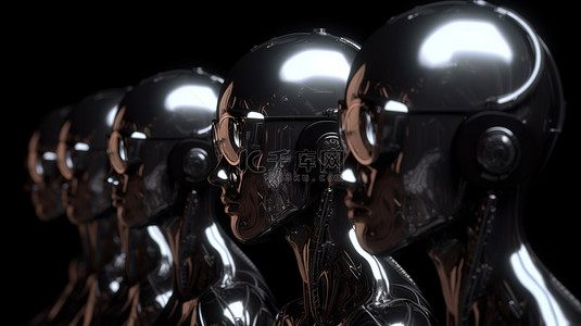 令人惊叹的 3D 渲染中一排戴着护目镜的女性机器人