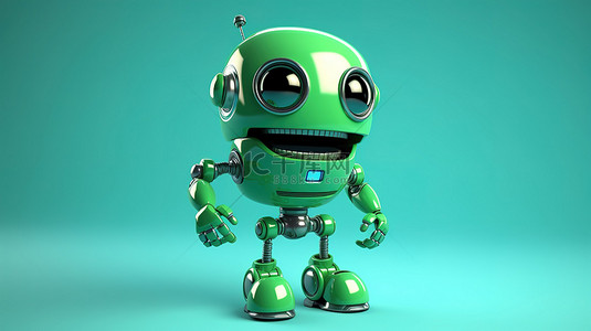 生动的绿色机器人的有趣 3D 插图