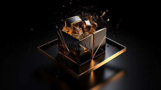 生日几何背景图片_探索礼品盒 3D 渲染概念，揭示“奖金”和“豪华”文本以及商业用途的几何设计元素