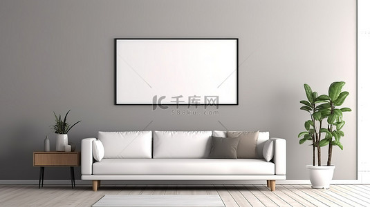 现代室内设计白色沙发和木墙框架模型在现代客厅 3D 渲染