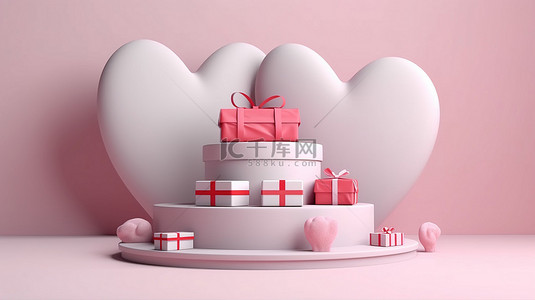 礼物心形背景图片_粉红色讲台的 3D 渲染，带有心形和礼品盒
