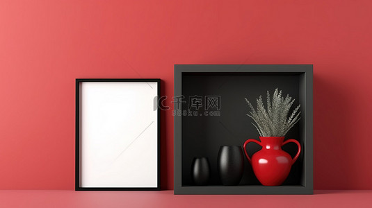 红色架子，带有倾斜的黑色框架样机方形 3D 插图