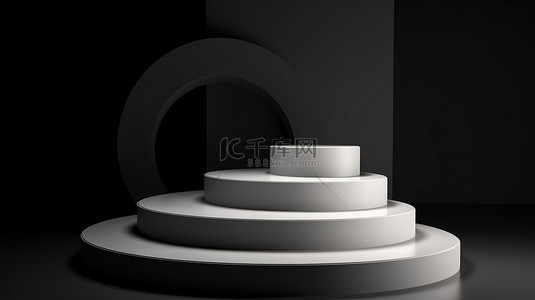 3d 渲染中的简约光环基座步骤在黑暗背景中隔离，具有干净的设计和空白空间