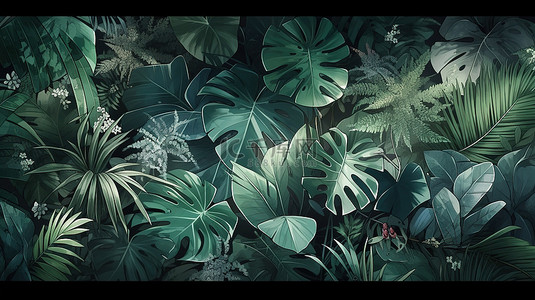 油画春夏背景图片_令人惊叹的 3D 插图中的天然热带树叶