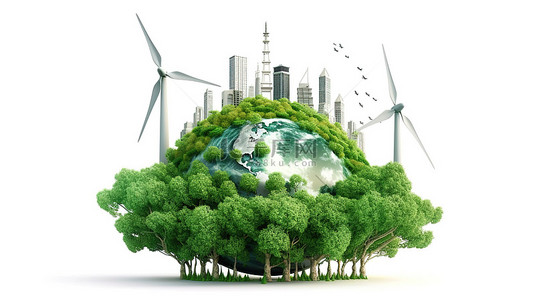 白色背景下生态友好能源树球和风力涡轮机的 3D 渲染