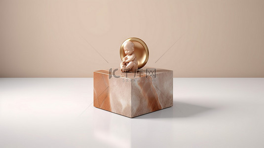白色大理石讲台上的青铜婴儿符号用于网站演示和设计模板 3D 渲染