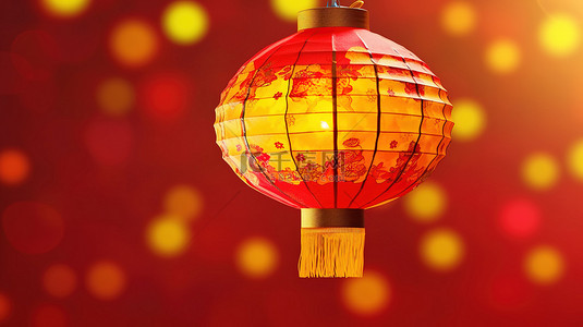 节日灯背景背景图片_红纸和黄色散景背景中的 3D 节日中国灯笼的插图
