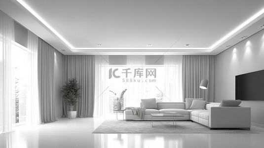 时尚简约的 3D 渲染白色客厅，配有隐藏式天花板照明