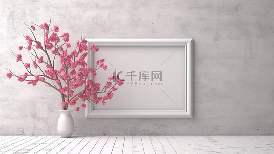 一个值得框架的图像粉红色的叶子飘到白色水泥墙上，装饰着树枝 3D 渲染