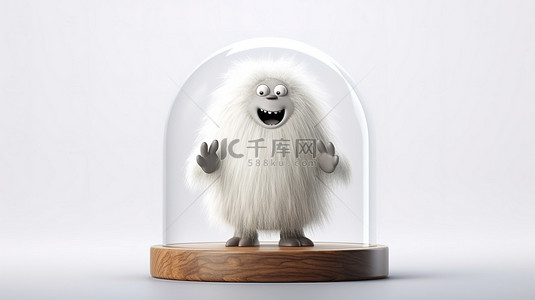 怪物猎人p3背景图片_木制讲台上毛茸茸的怪物的 3D 插图，封闭在白色背景上隔离的玻璃圆顶中
