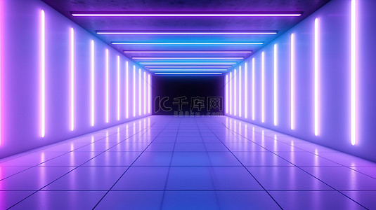 霓虹线条背景背景图片_蓝色白色和紫色照明天花板墙壁和地板的霓虹灯的 3D 渲染