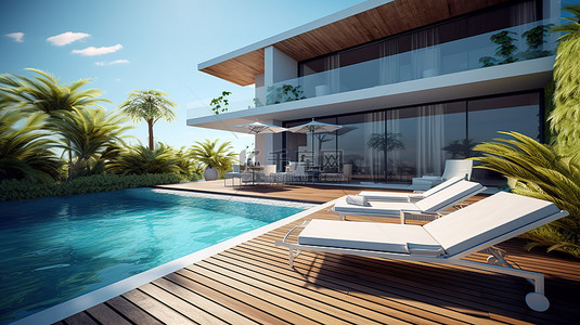 旅游酒店背景图片_带池畔露台和日光浴躺椅的现代房屋 3D 渲染