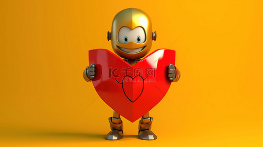 卡通爱心红色背景图片_3D 渲染的吉祥物充满活力的红色金属盾，黄色背景上带有心形徽章