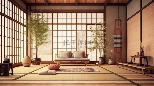 宽敞的日式客房，配有榻榻米垫上的扶手椅和木墙设计 3D 渲染