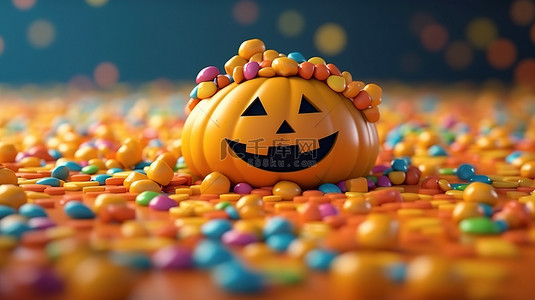 五颜六色的糖果和糖果漂浮着杰克灯笼南瓜角色在 3D 渲染快乐万圣节