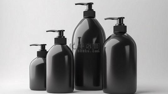 在 3D 渲染中连接到黑色塑料瓶的白色洗发水泵上隔离