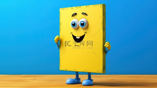 黄色背景，带有 3D 渲染的蓝皮书人物吉祥物和用于户外展示的空白木制菜单黑板