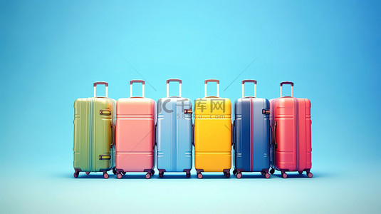 浅蓝色背景上充满活力的手提箱旅行者的梦想成真 3D 渲染