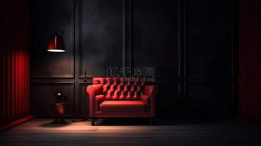 红色豪华背景图片_昏暗房间中的红色沙发 3D 渲染图像