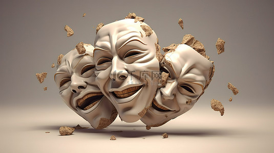 描绘不同面部表情和情绪的面具的 3D 插图