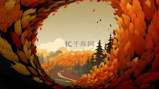 秋天树叶森林风景卡通广告背景