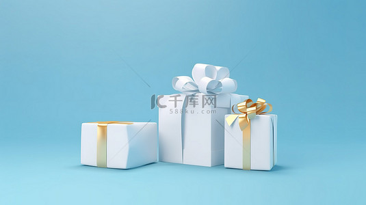 金色丝带装饰 3D 礼品盒和袋子，配有蓝色背景和 3D 渲染的优惠券