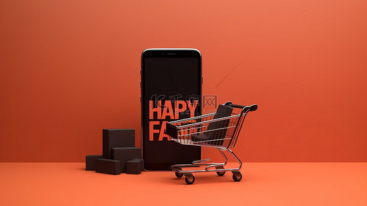 促销背景下带有智能手机和购物车的黑色星期五销售的 3D 插图