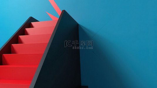 登上黑色楼梯，蓝色墙壁上的 3D 视角，带有象征成功的红色箭头
