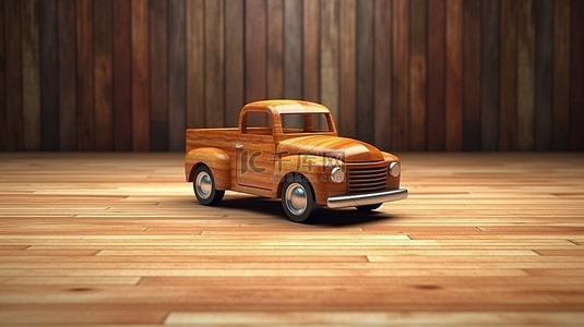 质朴木质背景上汽车的 3D 渲染