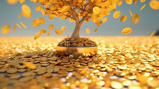 生态长图背景图片_金币和树的生态友好财富 3D 渲染