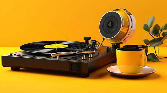 黄色背景的 3D 渲染，配有专业 DJ 转盘黑胶唱片机耳机和咖啡杯