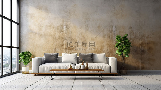 木图案背景图片_现代阁楼客厅配有​​裸露水泥墙木图案地板舒适的沙发和咖啡桌 3D 渲染
