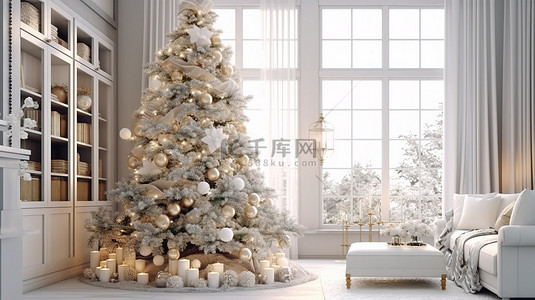 喜庆客厅背景图片_喜庆的斯堪的纳维亚农舍内部配有装饰圣诞树和玩具 3D 渲染
