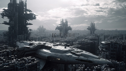 3d 渲染中的未来城市和宇宙飞船