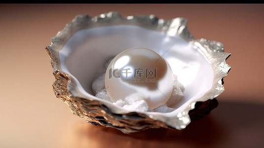 大白插画背景图片_打开牡蛎的 3D 渲染，露出一颗大白珍珠