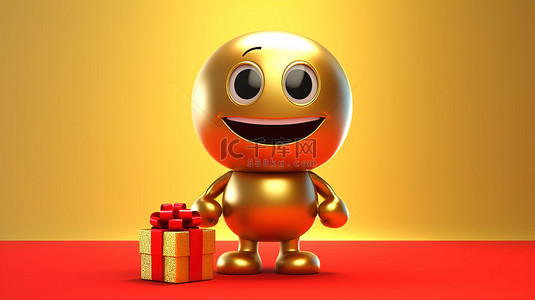 3D 渲染的吉祥物，带有礼品盒和黄色背景的红丝带，庆祝金色忠诚计划奖金硬币