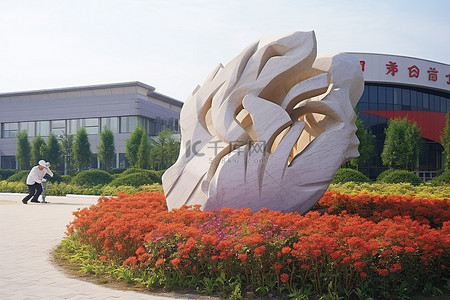 公司标志背景图片_一栋公司大楼，旁边有一个入口标志 红色花园