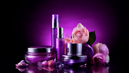 美容创意广告背景图片_玫瑰花卉化妆品套组摄影广告背景