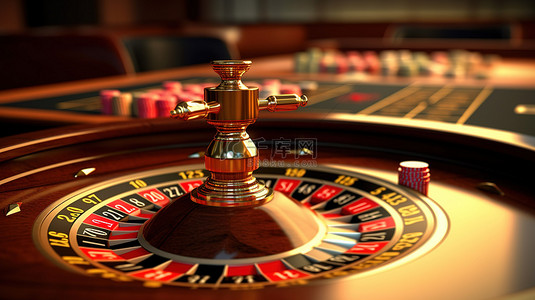 关闭经典赌场轮盘赌桌的 3D 渲染，背景中有电脑键盘和赌场标志
