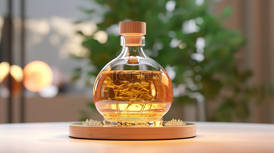 玻璃油瓶背景图片_3D 渲染的精油玻璃瓶精美地展示在带有化妆品罐的底座上