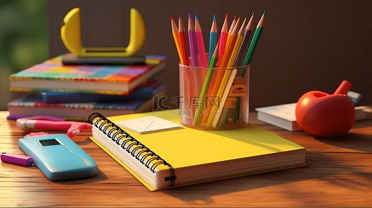 用空白笔记本和学校用品 3D 渲染回学校概念来照亮您的学习