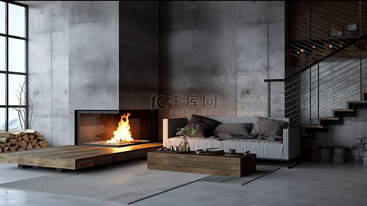 温暖壁炉背景图片_当代阁楼风格的壁炉，配有混凝土墙和绘画，以噼啪作响的火焰和 3D 渲染的柴火堆为特色